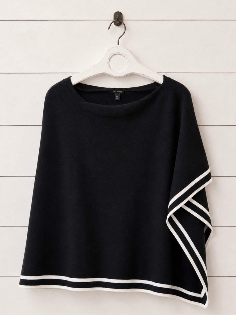 Talbots Black Poncho Sweater with Off White Trim